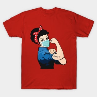 Pin Up Girl Black Hair Wearing Mask with Strong Tattoo T-Shirt